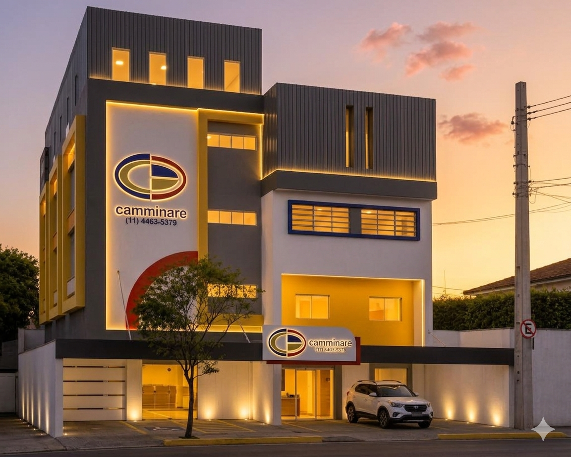 Projeto de salas de aula e fachada escolar iluminada